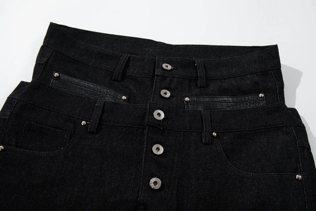 EAC–Dual-Waist Leather Panel Wide-Leg Jeans