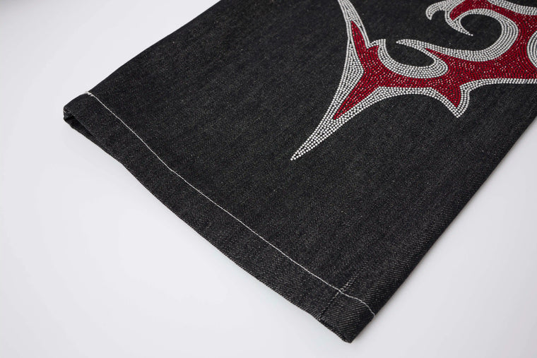 EAC–Graphic Rhinestone Wide-Leg Denim Jeans