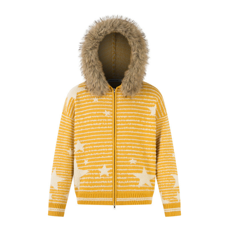 EAC–Star Stripe Fur-Trim Hooded Knit